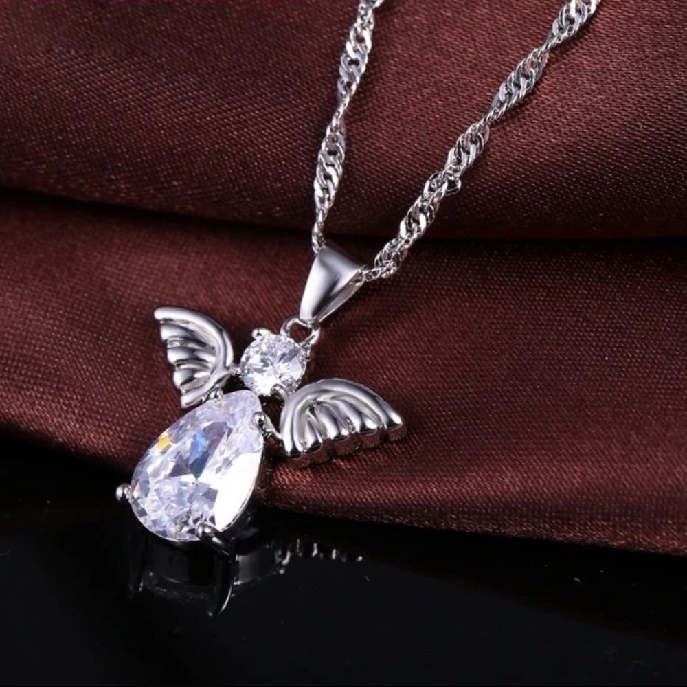 ⭐4pc Bundle Sale⭐ Diamond Angel Pendant And Earrings, w.18 Chain 925 Silver - Picture 6 of 7